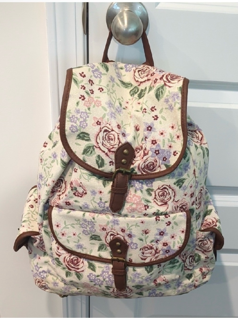 Mossimo Supply Co. Cream Floral Canvas Backpack with Brown Trim